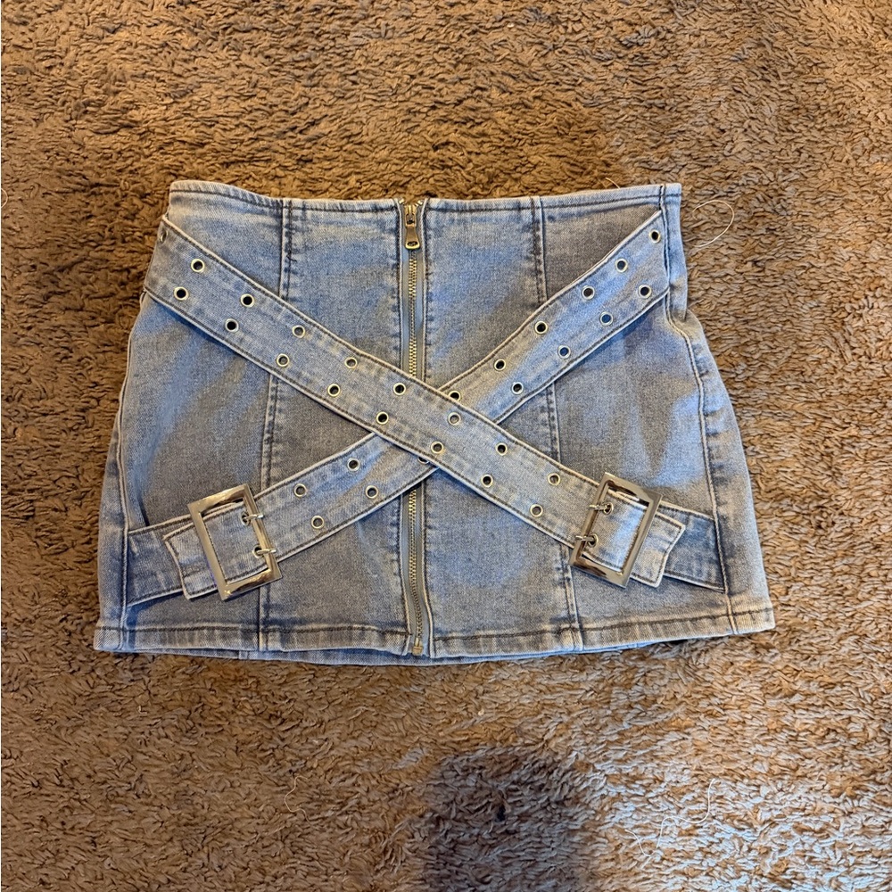 Denim Mini Skirt with Belted Detail